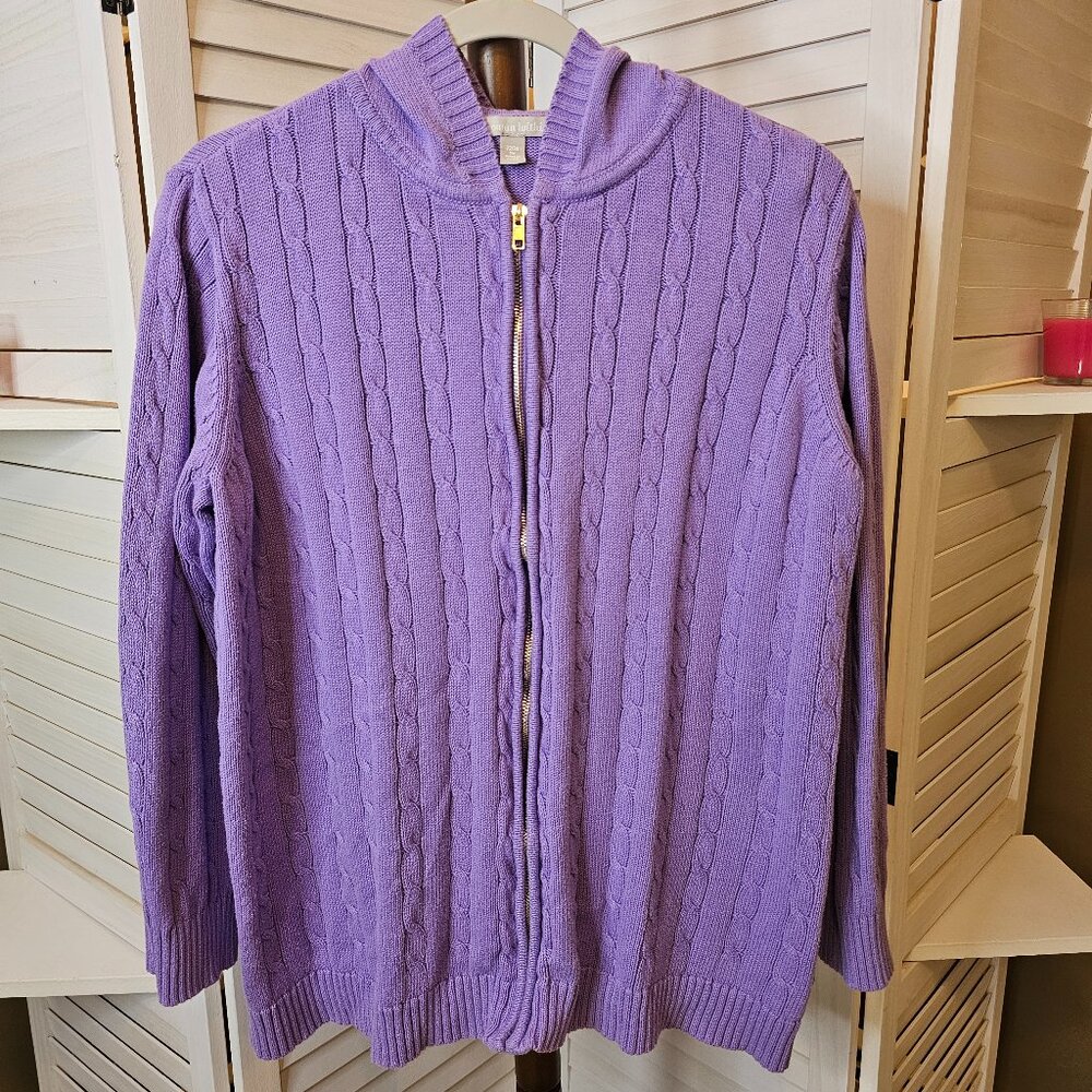 Woman Within, Size 1X (22-24), Cable Knit, Hooded Sweater, Purple